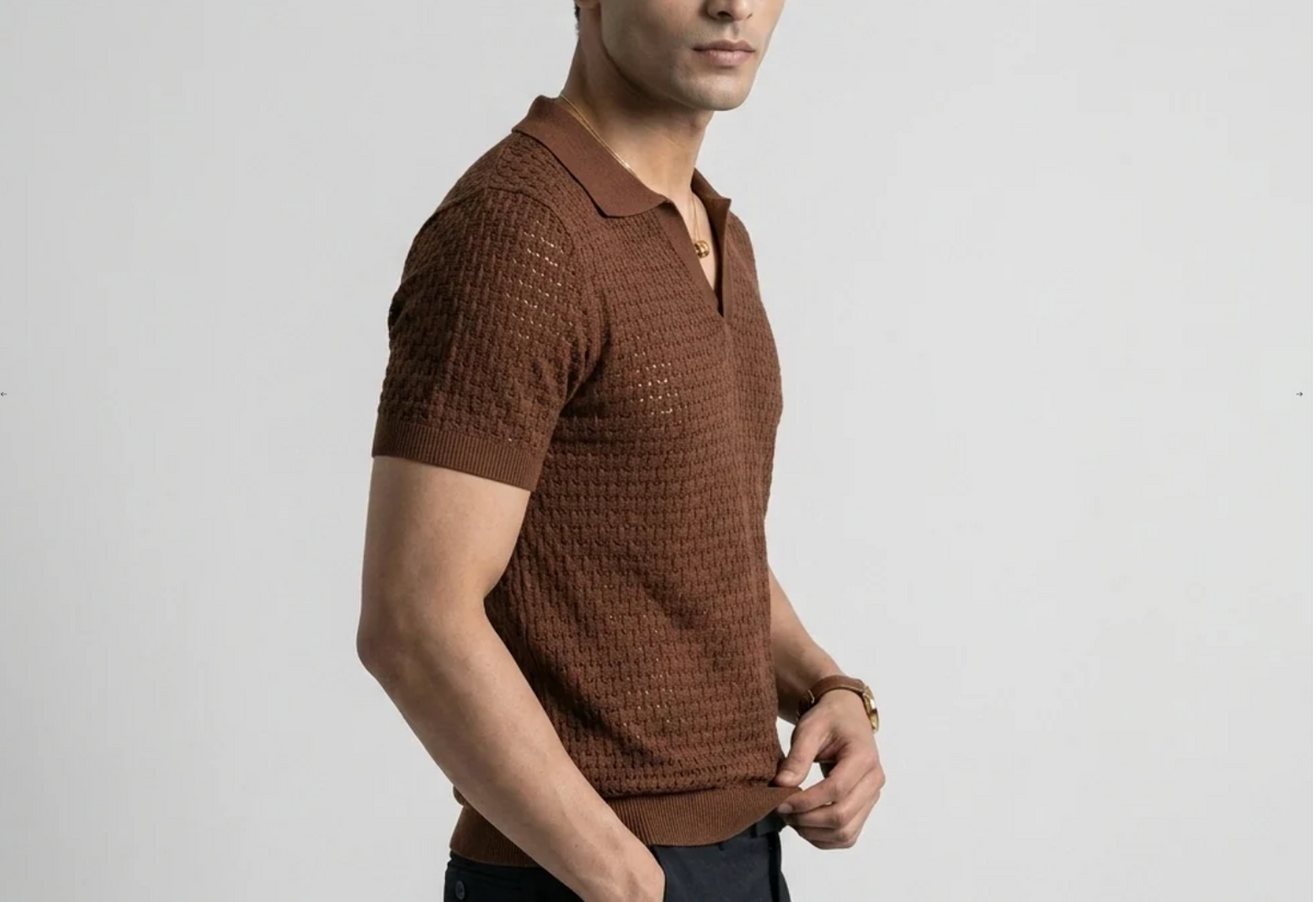 Dark Brown Weave Knit Polo by Monscre