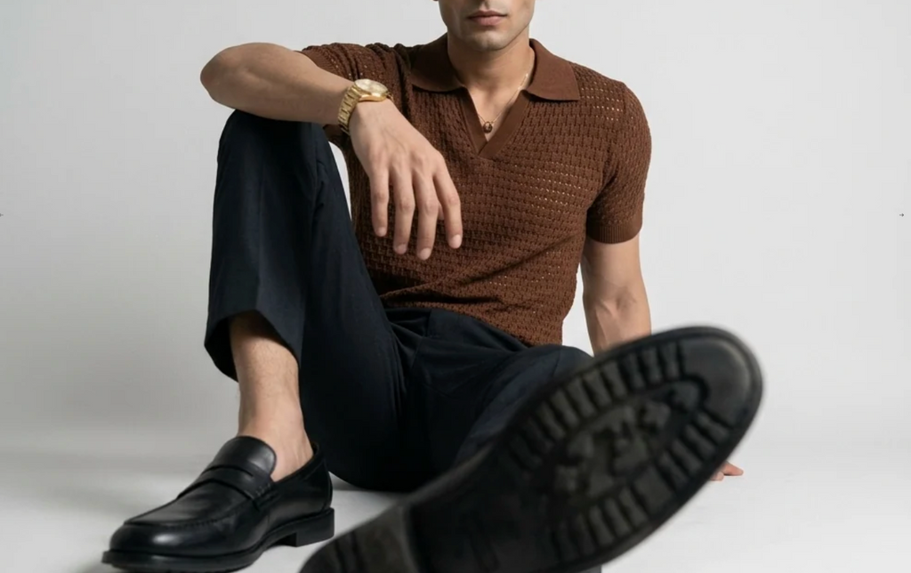 Dark Brown Weave Knit Polo by Monscre