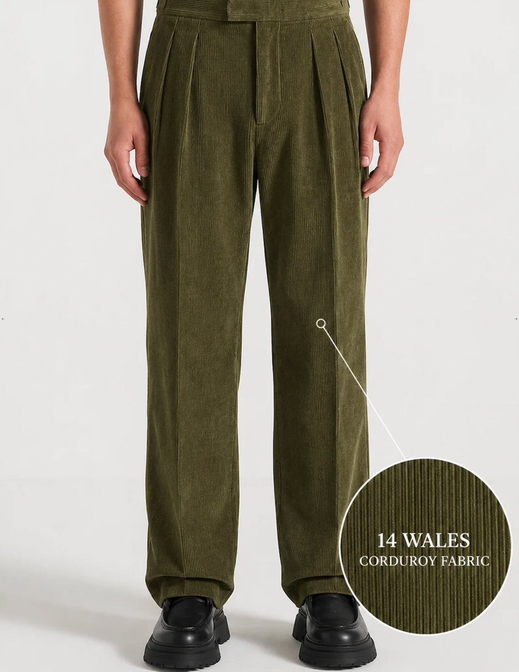 Olive Two Pleated Relaxed Fit Corduroy Trouser by Monscre