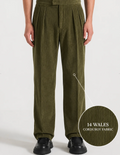 Olive Two Pleated Relaxed Fit Corduroy Trouser by Monscre