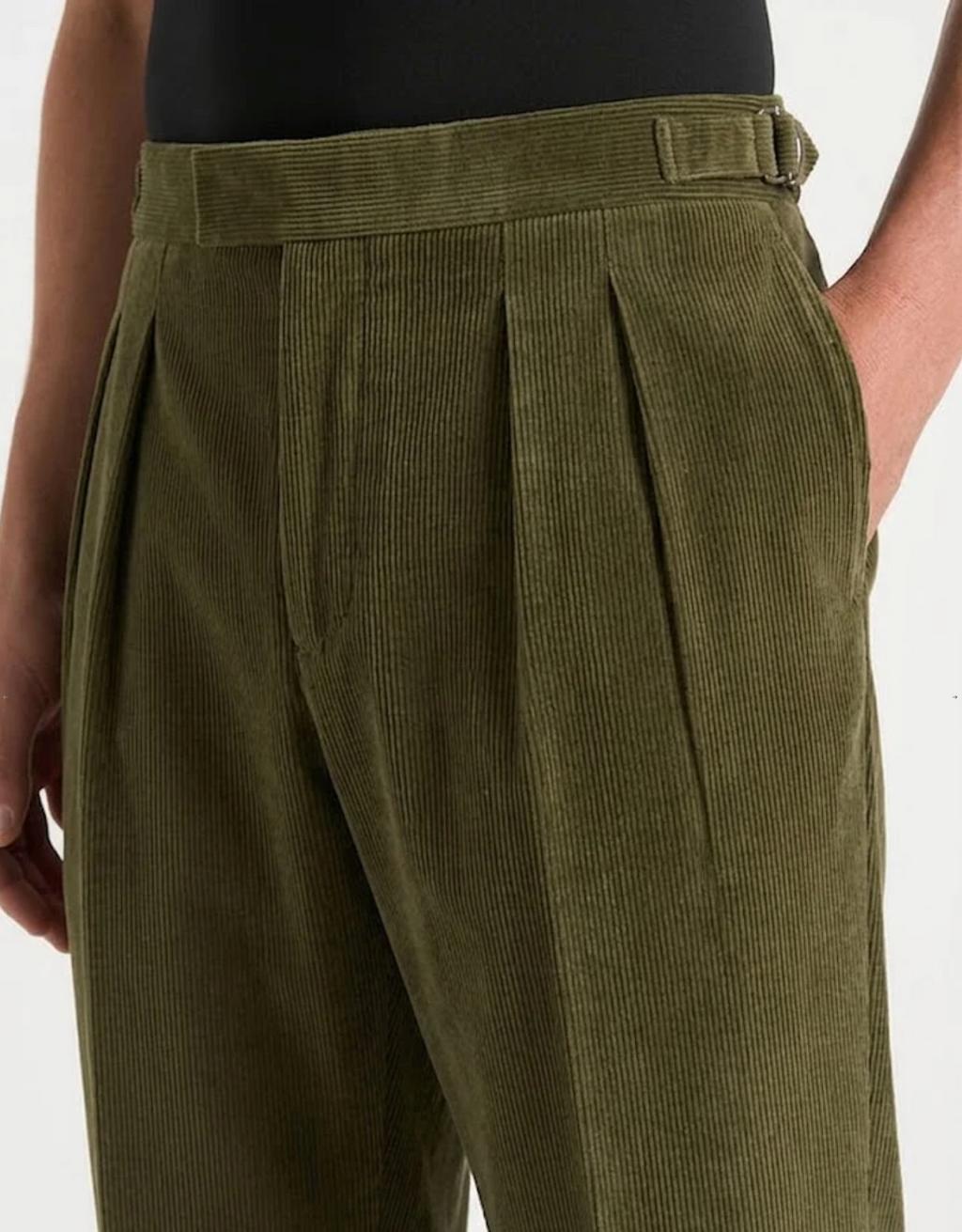 Olive Two Pleated Relaxed Fit Corduroy Trouser by Monscre