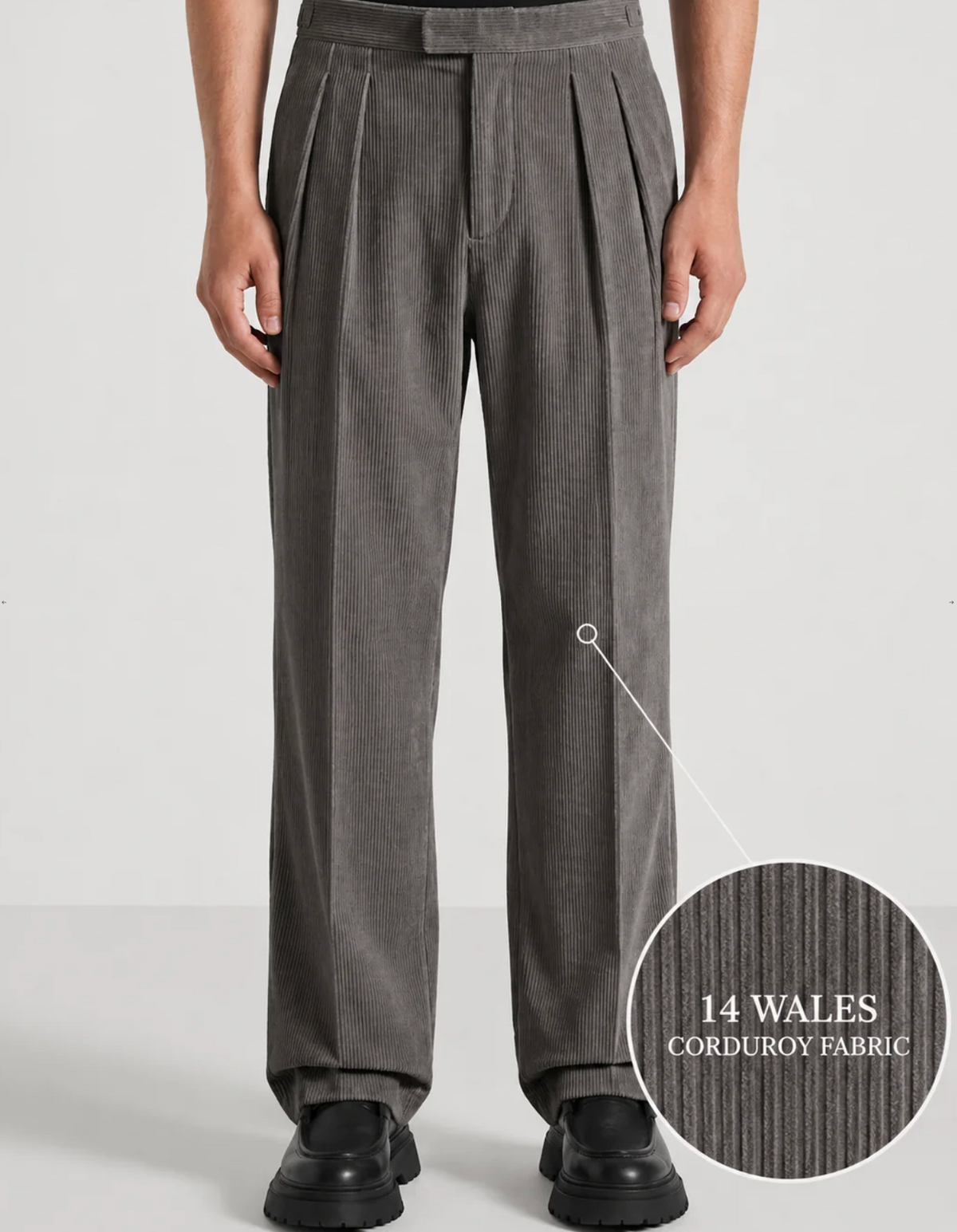 Dark Grey Two Pleated Relaxed Fit Corduroy Trouser by Monscre