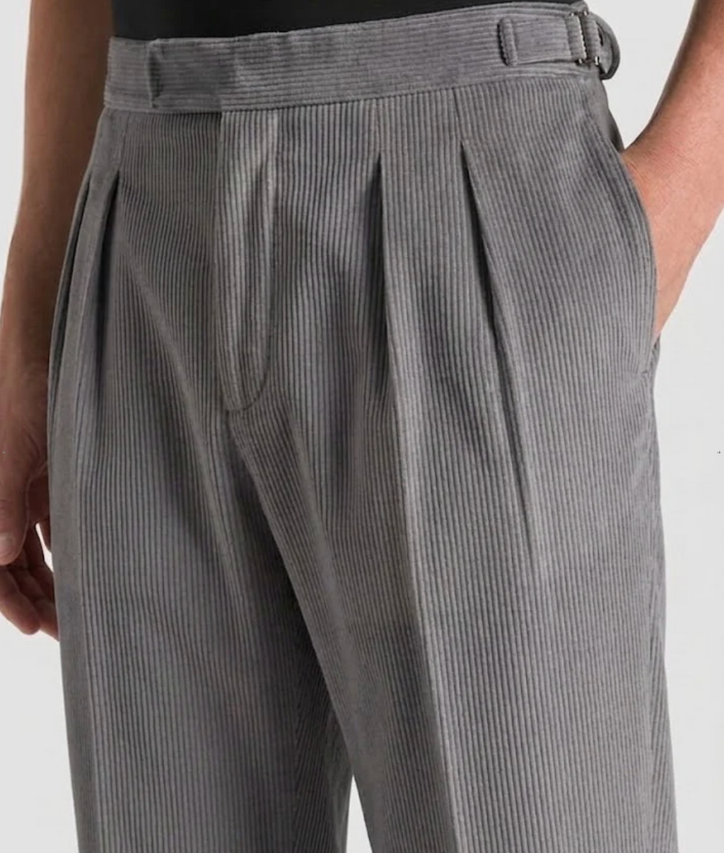 Dark Grey Two Pleated Relaxed Fit Corduroy Trouser by Monscre