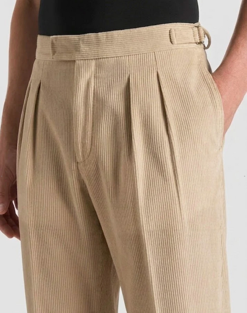Beige Two Pleated Relaxed Fit Corduroy Trouser by Monscre