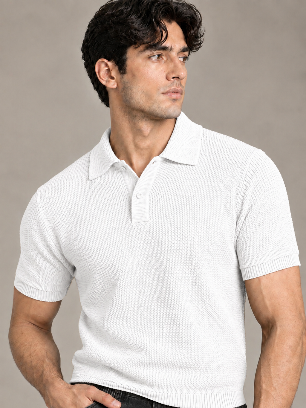 White Textured Knit Polo by Monscre