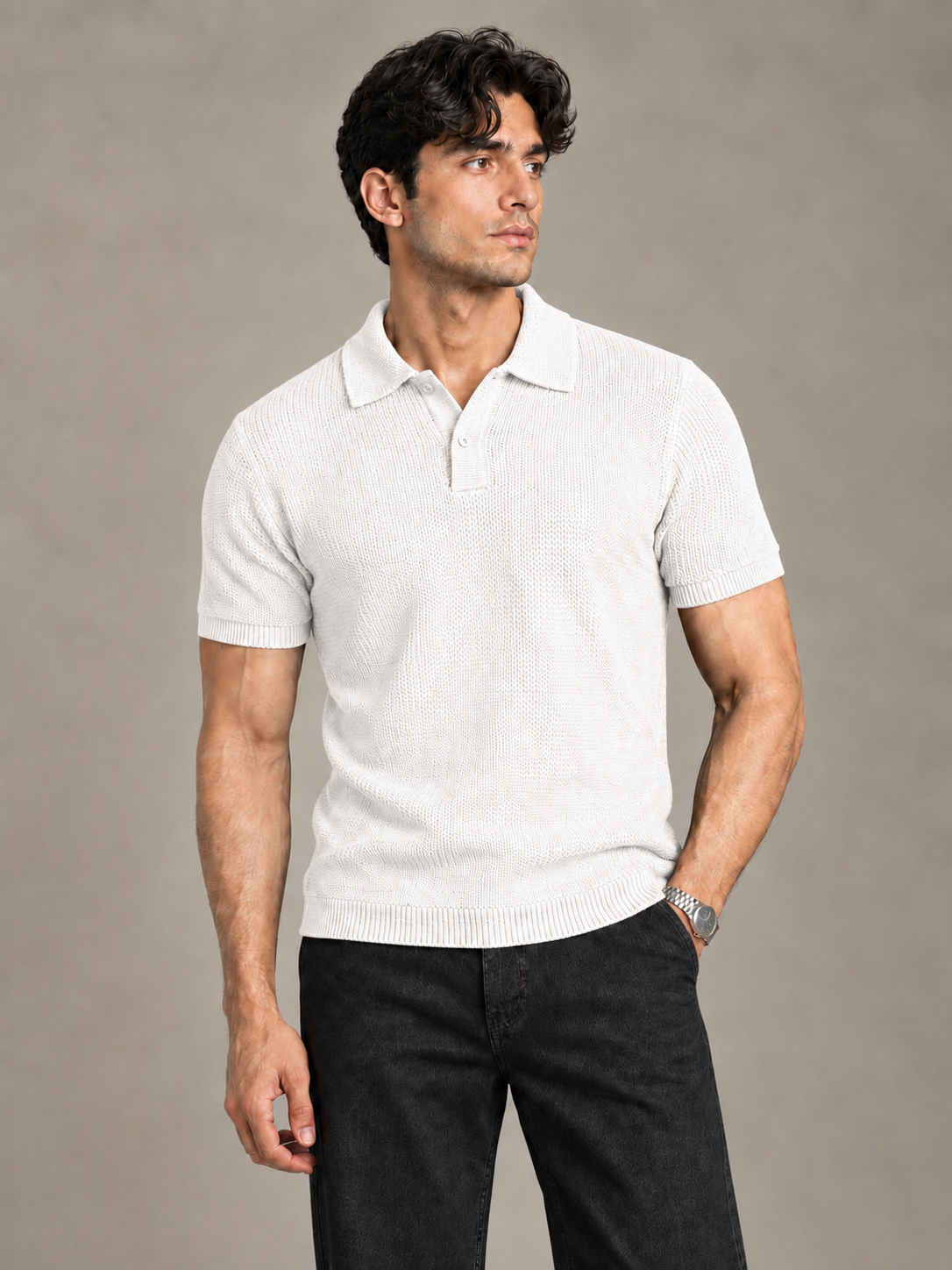 White Textured Knit Polo by Monscre