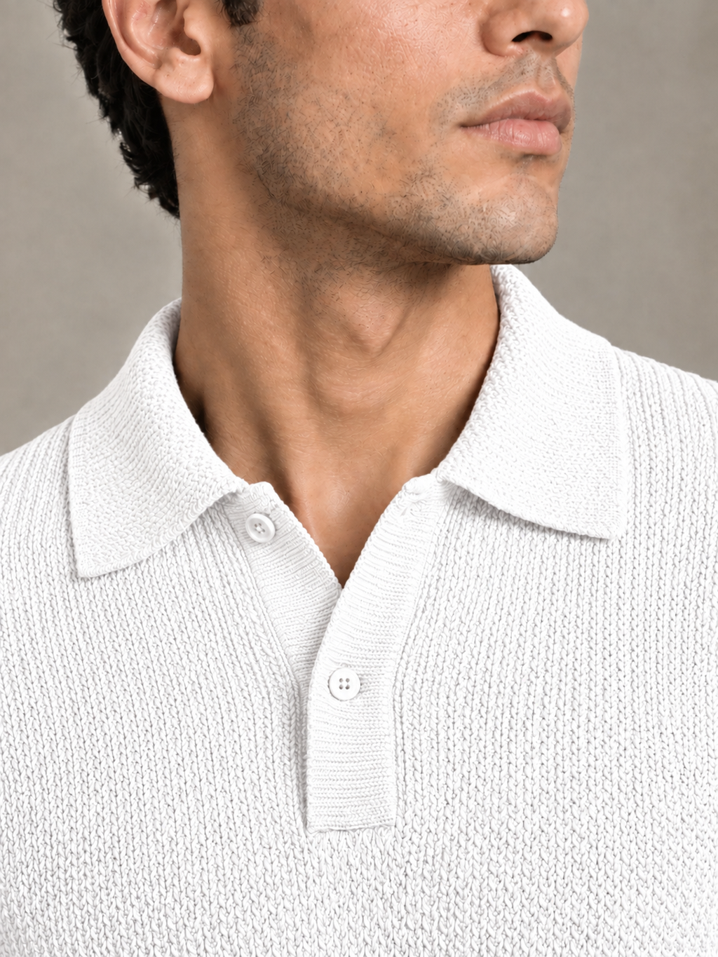 White Textured Knit Polo by Monscre