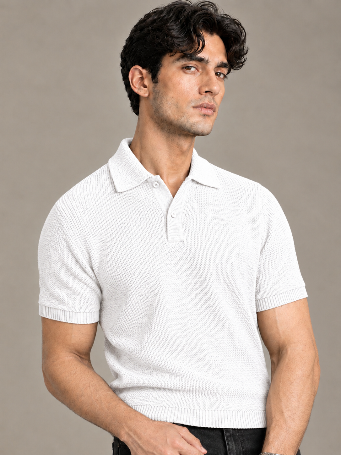 White Textured Knit Polo by Monscre