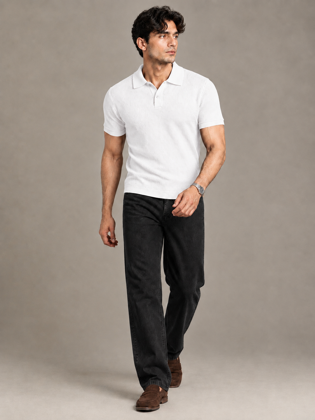 White Textured Knit Polo by Monscre