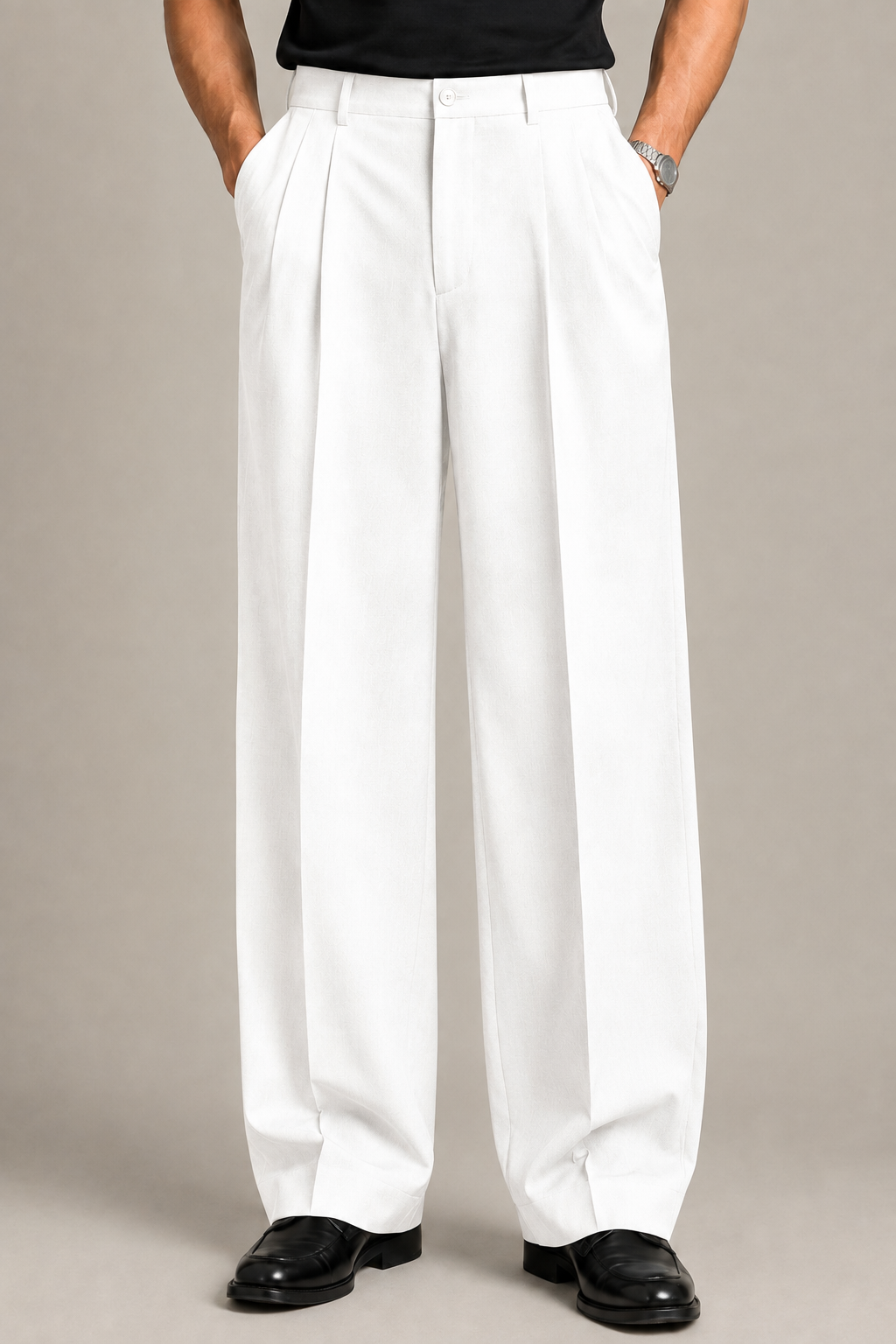 White Double Pleated Wide-Leg Tailored Trousers by Monscre