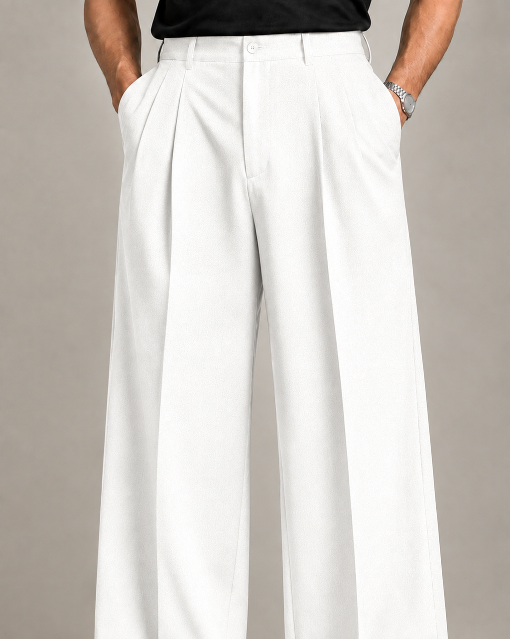 White Double Pleated Wide-Leg Tailored Trousers by Monscre