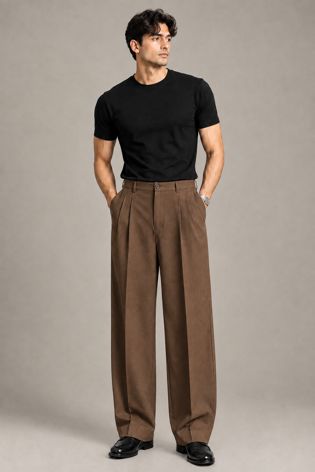 Brown Double Pleated Wide-Leg Tailored Trousers by Monscre