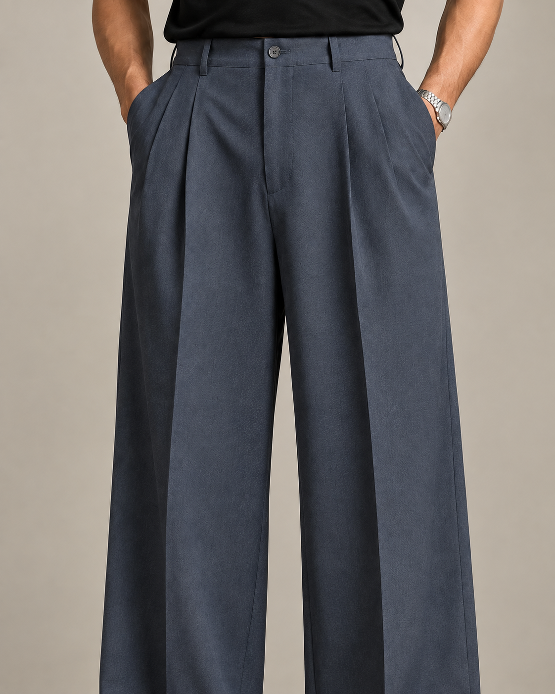 Grey Double Pleated Wide-Leg Tailored Trousers by Monscre
