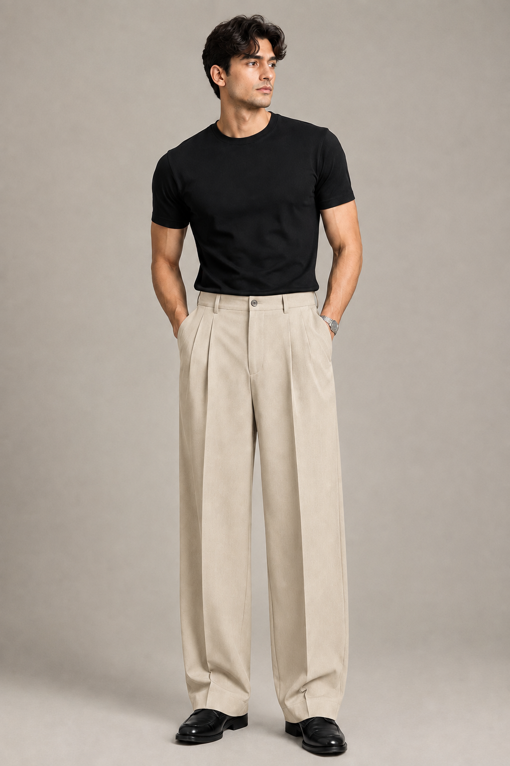 Beige Double Pleated Wide-Leg Tailored Trousers by Monscre