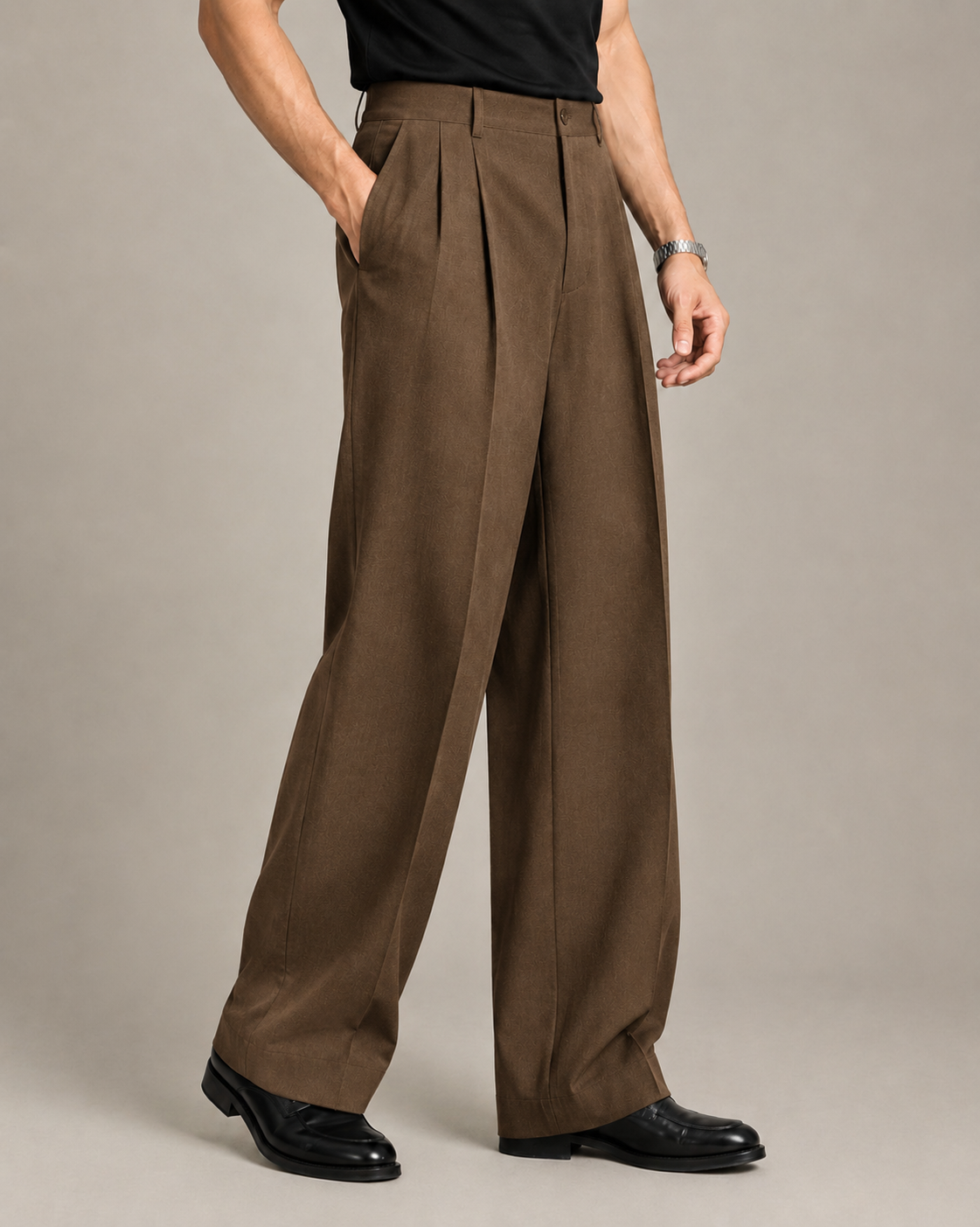 Brown Double Pleated Wide-Leg Tailored Trousers by Monscre