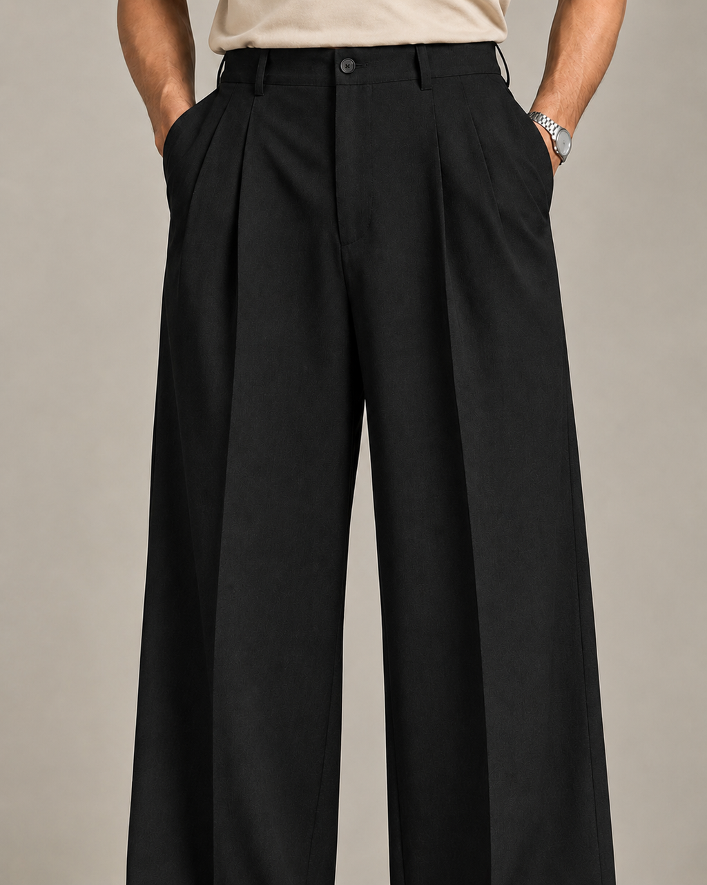 Black Double Pleated Wide-Leg Tailored Trousers by Monscre