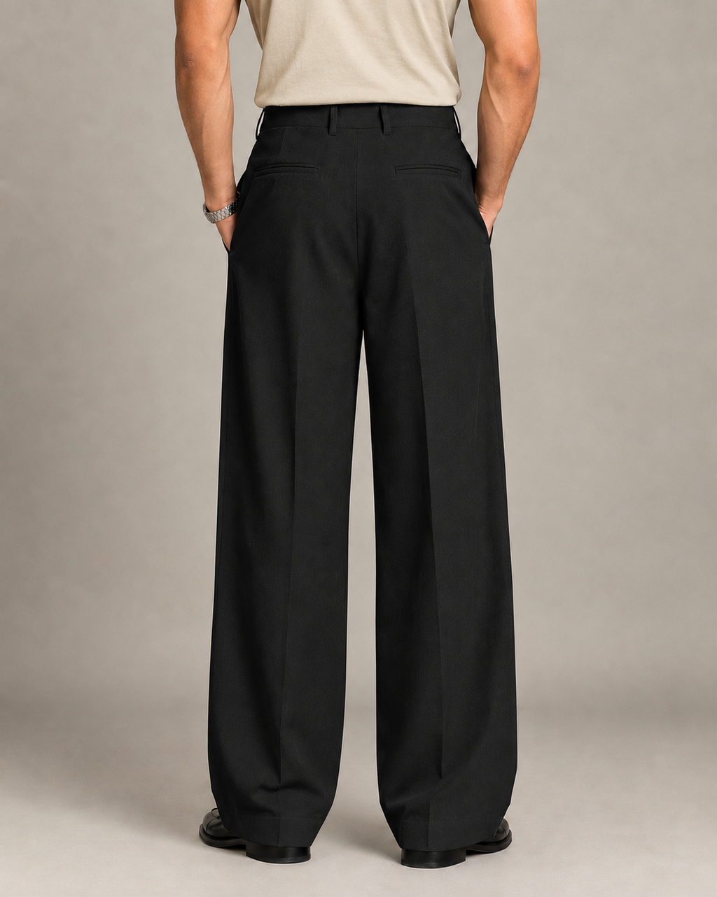Black Double Pleated Wide-Leg Tailored Trousers by Monscre