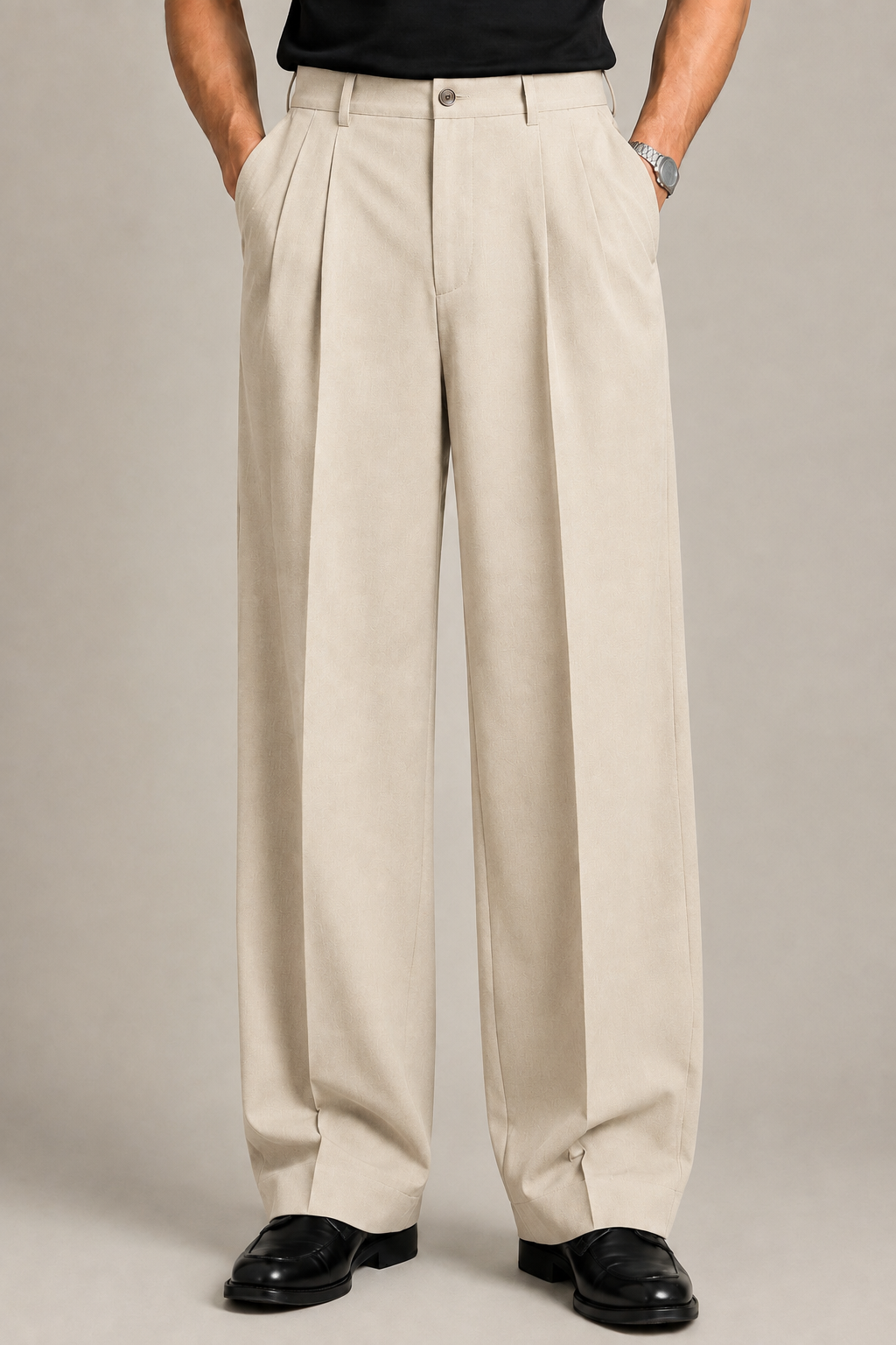 Beige Double Pleated Wide-Leg Tailored Trousers by Monscre