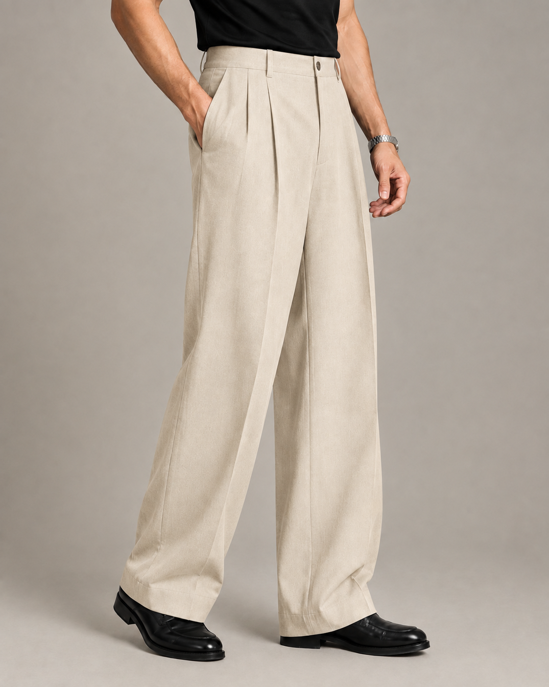 Beige Double Pleated Wide-Leg Tailored Trousers by Monscre
