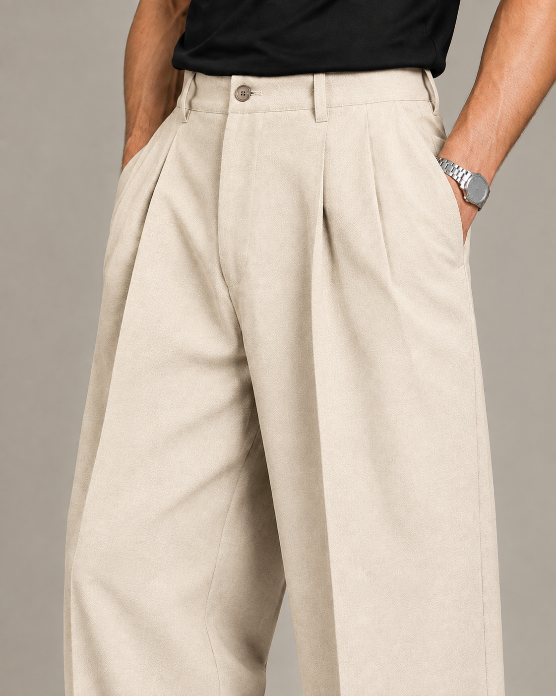 Beige Double Pleated Wide-Leg Tailored Trousers by Monscre