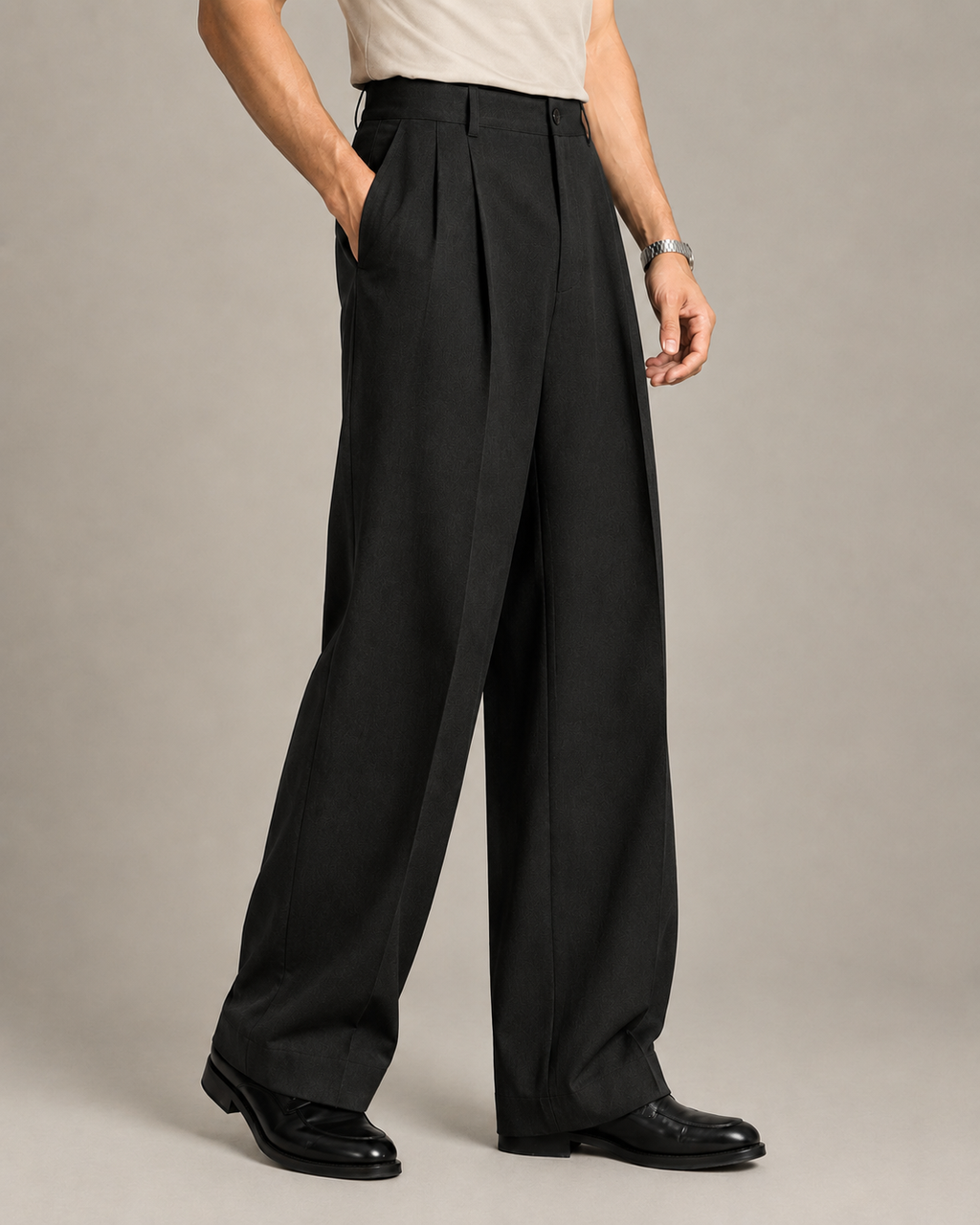 Black Double Pleated Wide-Leg Tailored Trousers by Monscre
