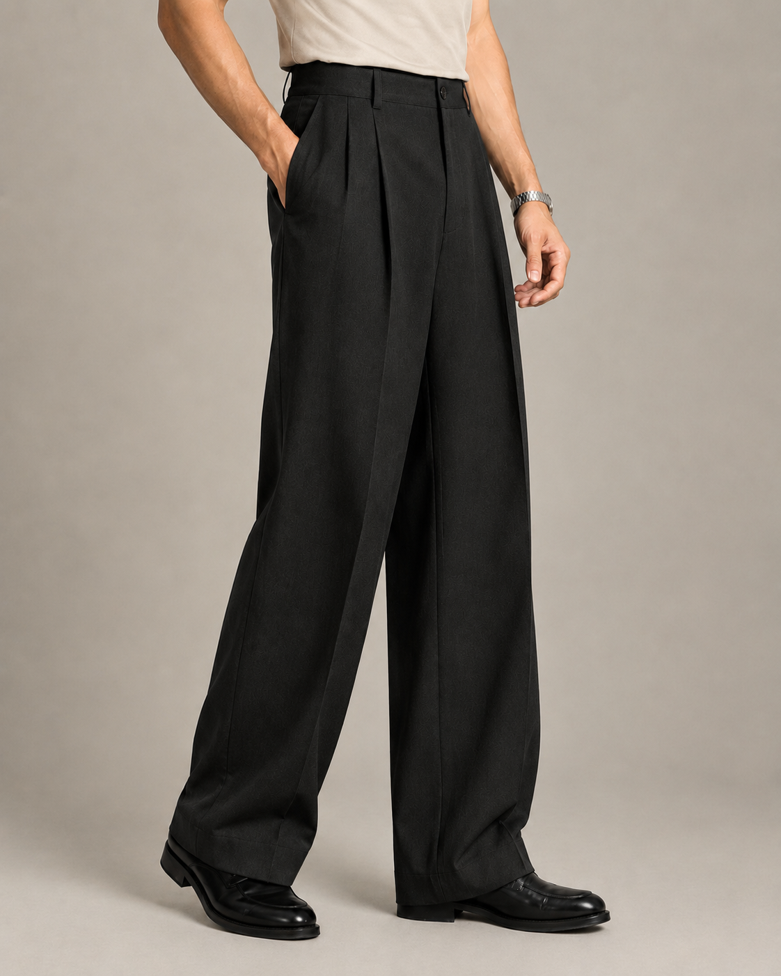Black Double Pleated Wide-Leg Tailored Trousers by Monscre