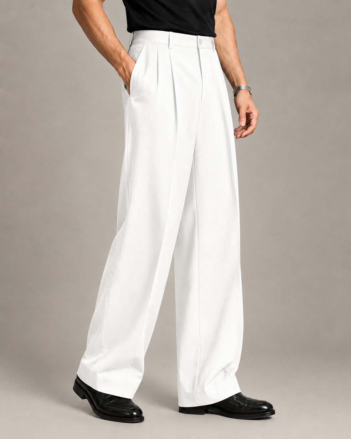 White Double Pleated Wide-Leg Tailored Trousers by Monscre