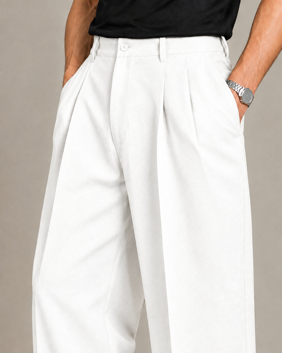 White Double Pleated Wide-Leg Tailored Trousers by Monscre