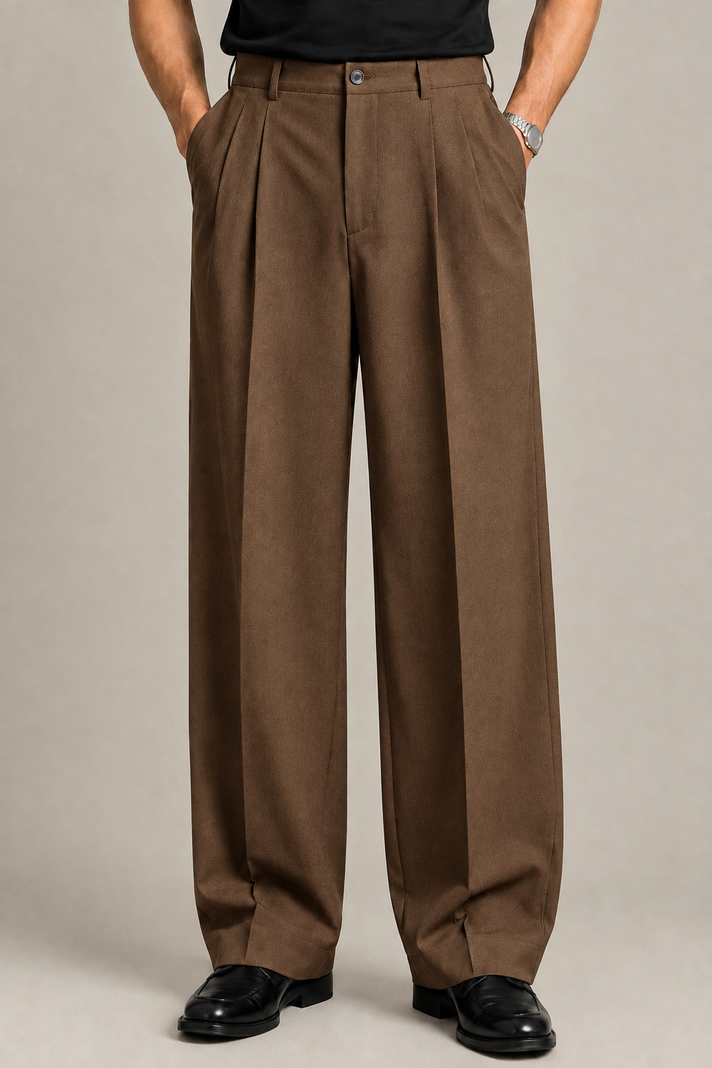 Brown Double Pleated Wide-Leg Tailored Trousers by Monscre