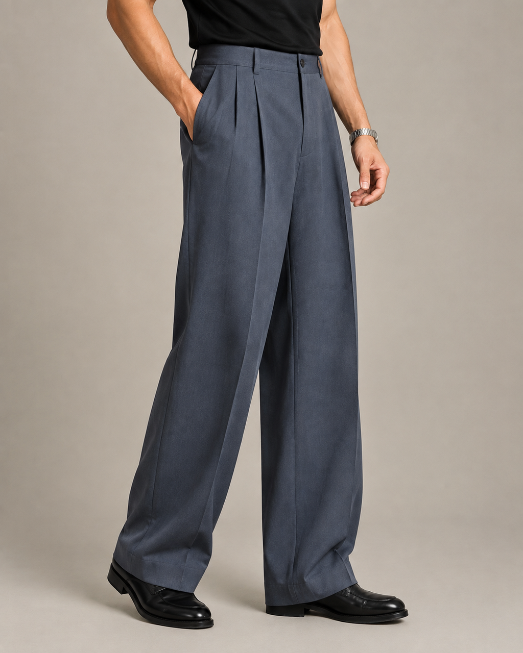 Grey Double Pleated Wide-Leg Tailored Trousers by Monscre