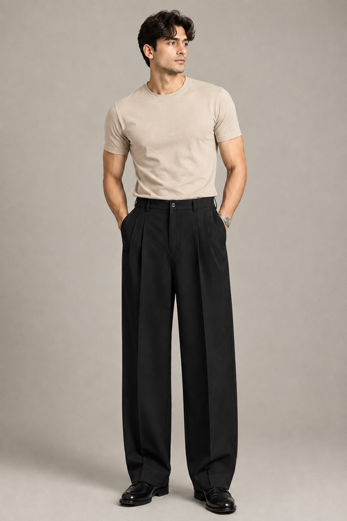 Black Double Pleated Wide-Leg Tailored Trousers by Monscre