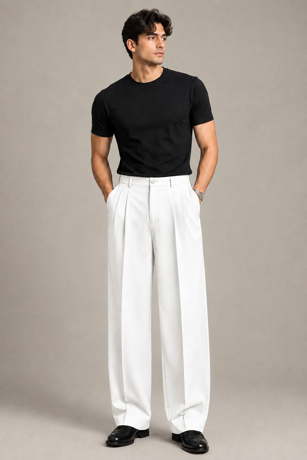 White Double Pleated Wide-Leg Tailored Trousers by Monscre