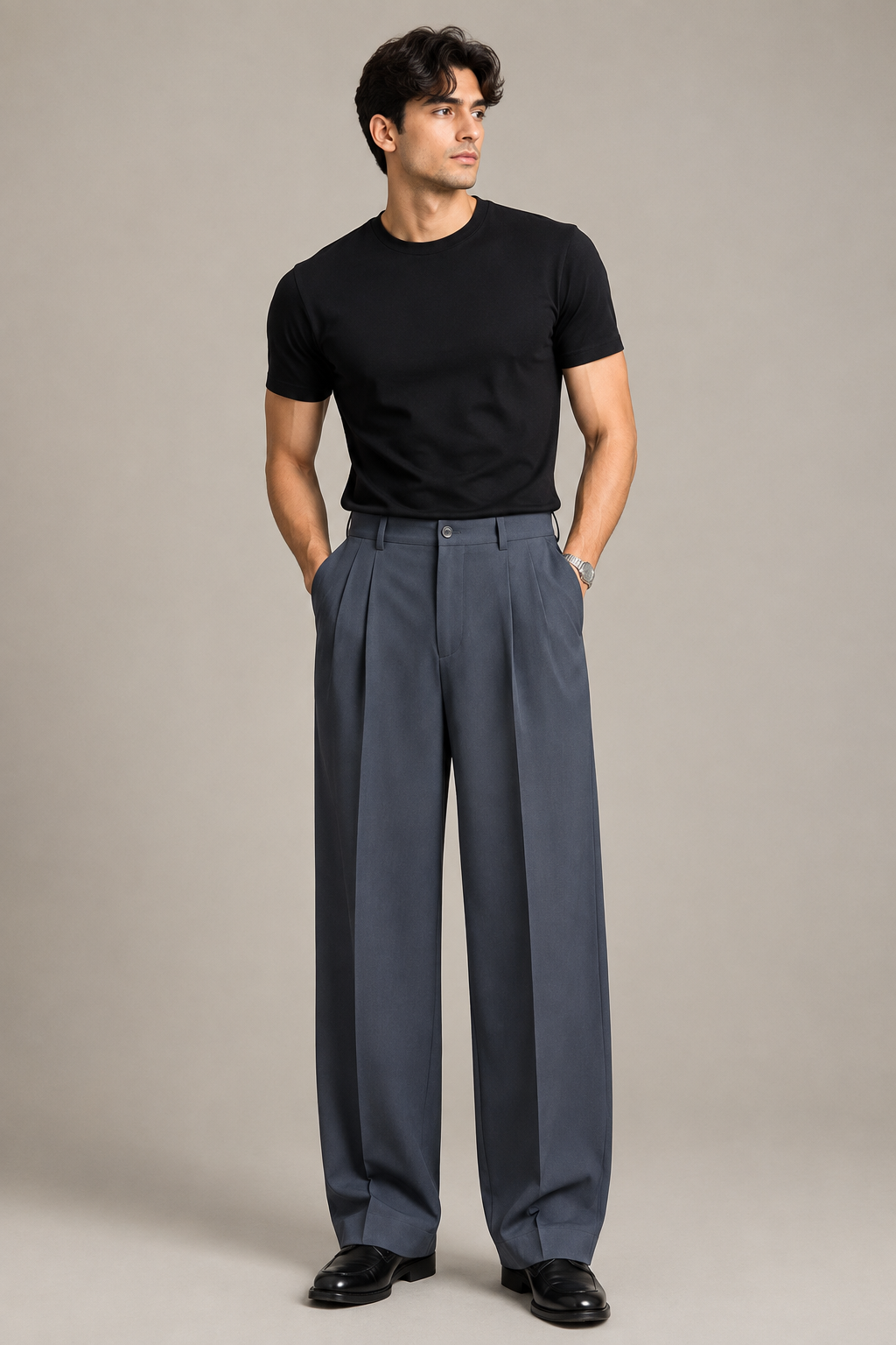 Grey Double Pleated Wide-Leg Tailored Trousers by Monscre
