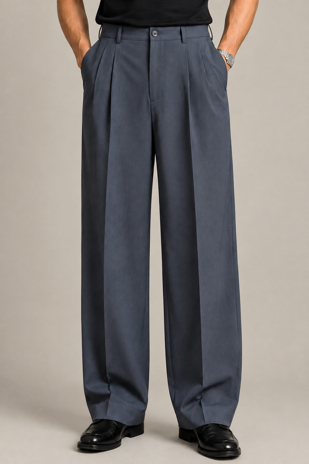Grey Double Pleated Wide-Leg Tailored Trousers by Monscre